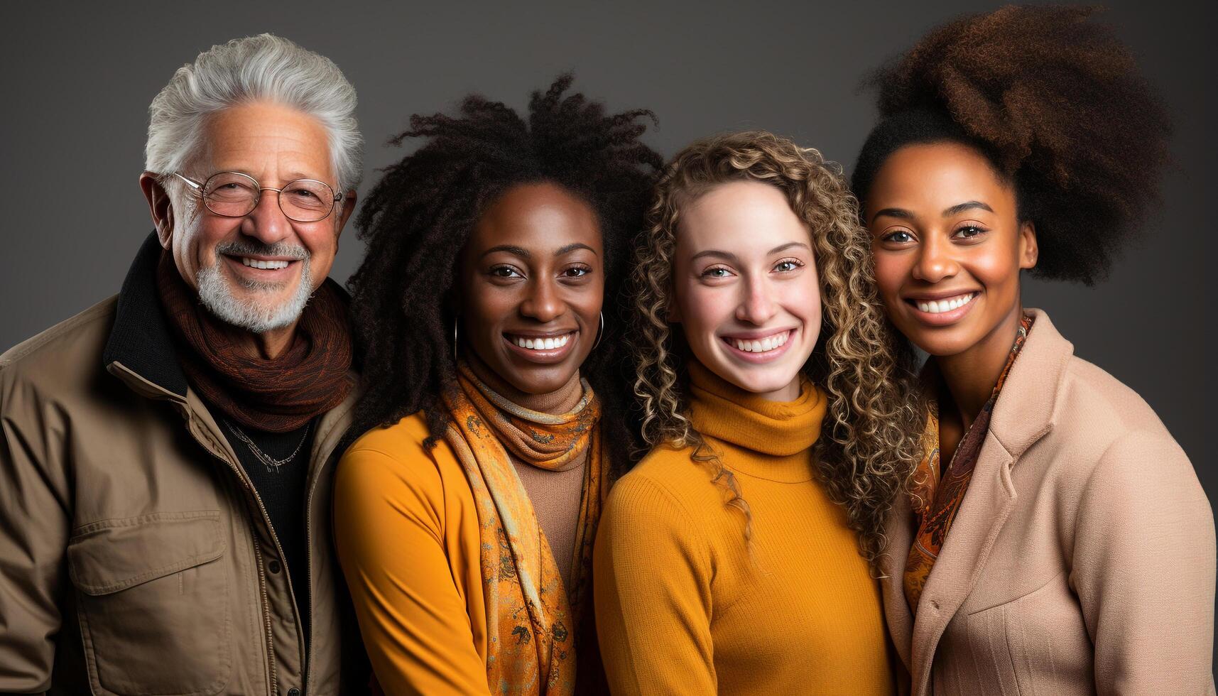 AI generated A group of cheerful adults smiling and looking at camera generated by AI photo