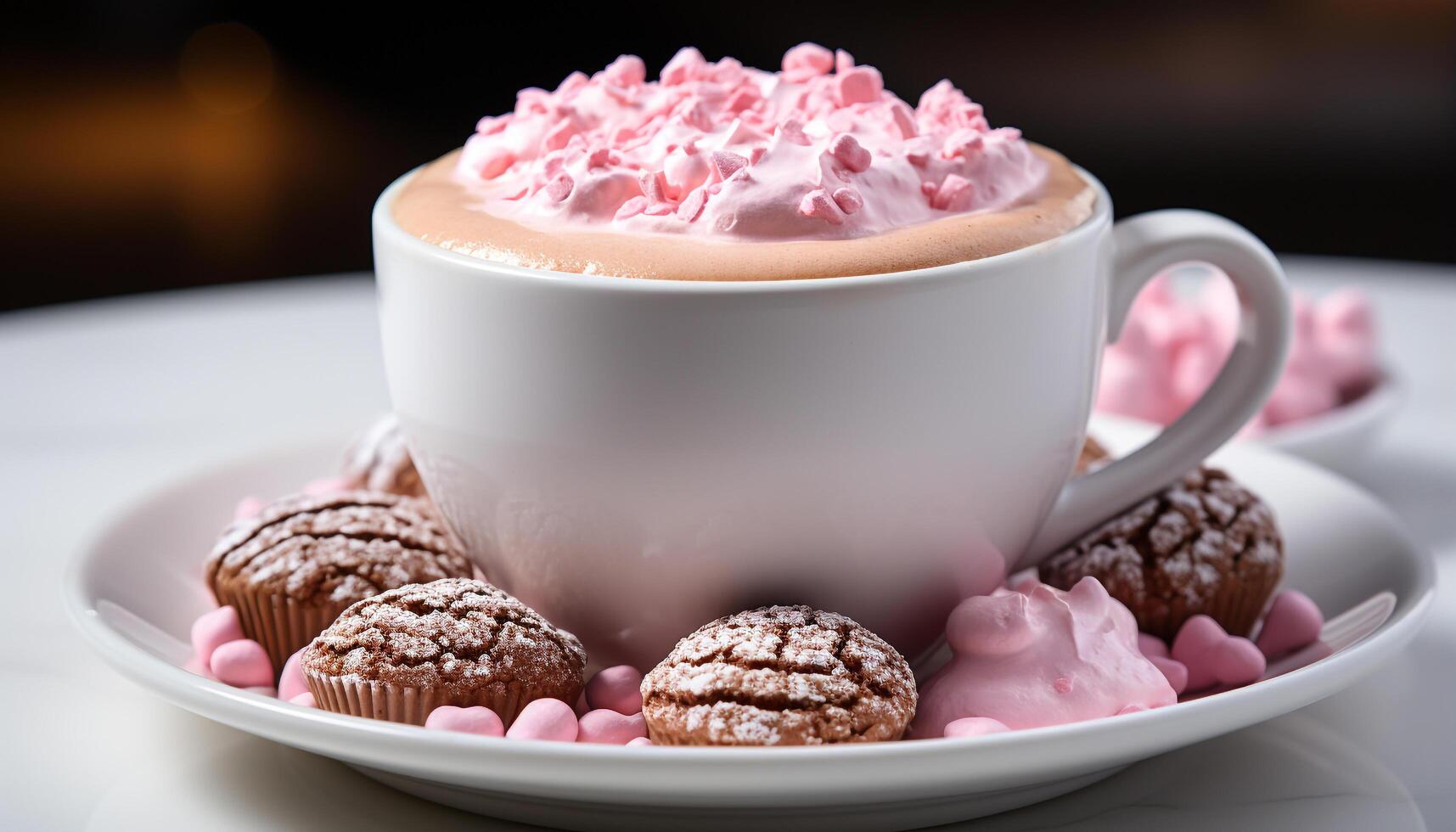 ai generado gastrónomo postre rosado malvavisco, chocolate, café, azotado crema, indulgencia generado por ai foto