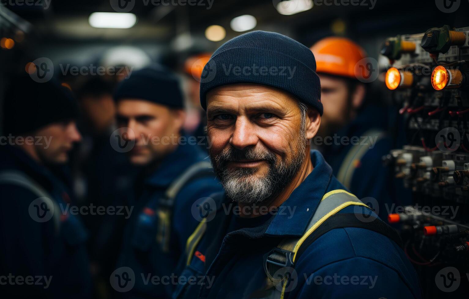 AI generated Electricians by a machine in factory. photo