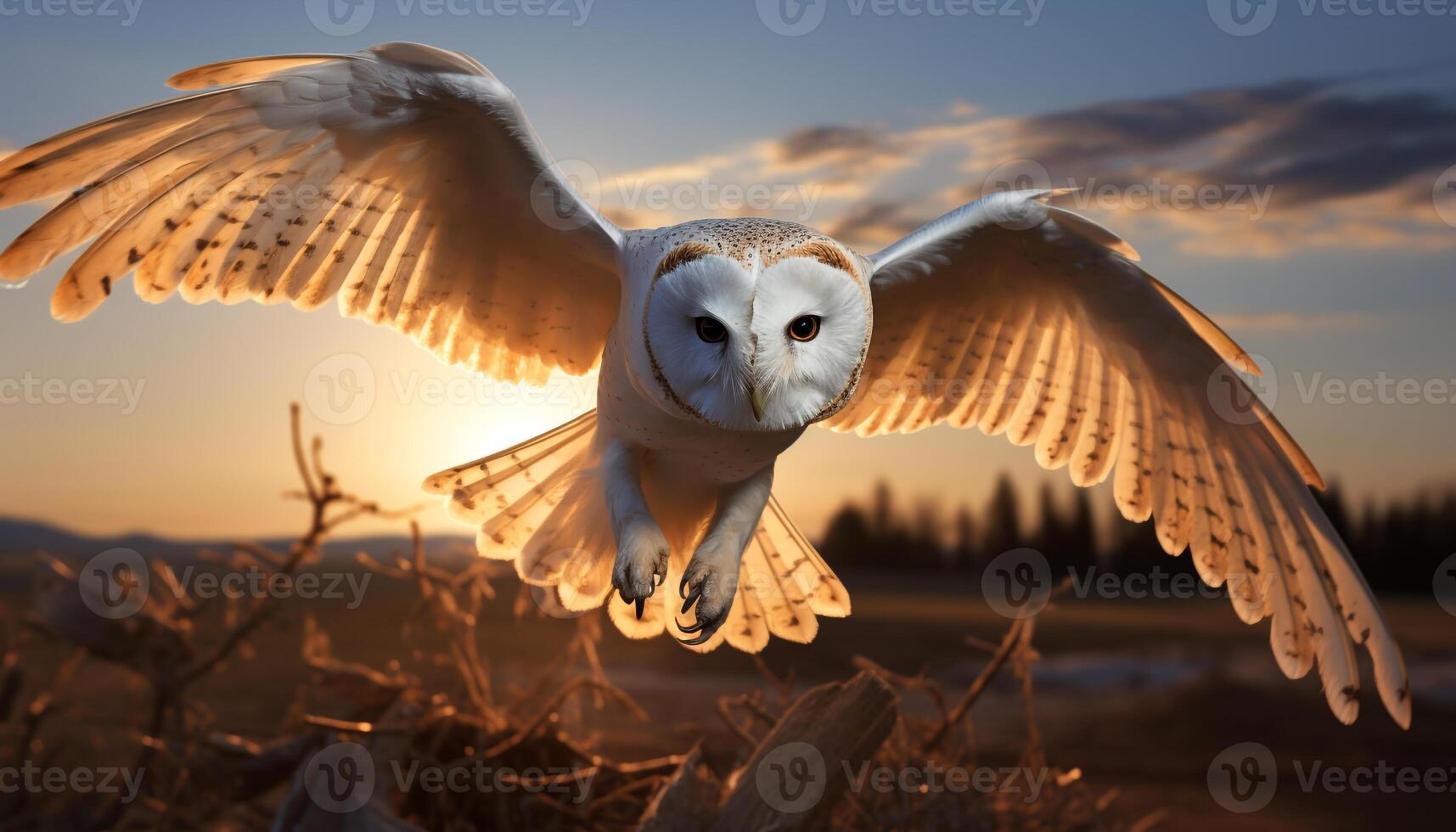 AI generated Bird of prey soaring in the sunset, spreading majestic wings generated by AI photo