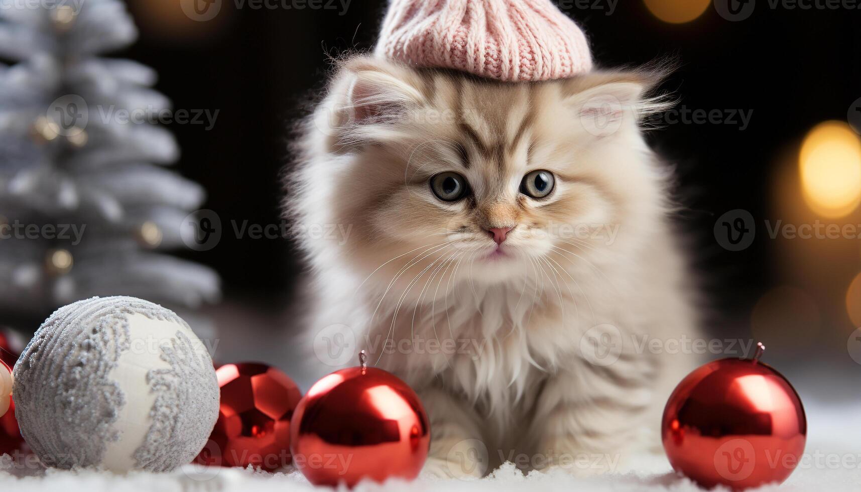 AI generated Cute kitten sitting on tree, looking at Christmas decoration generated by AI photo