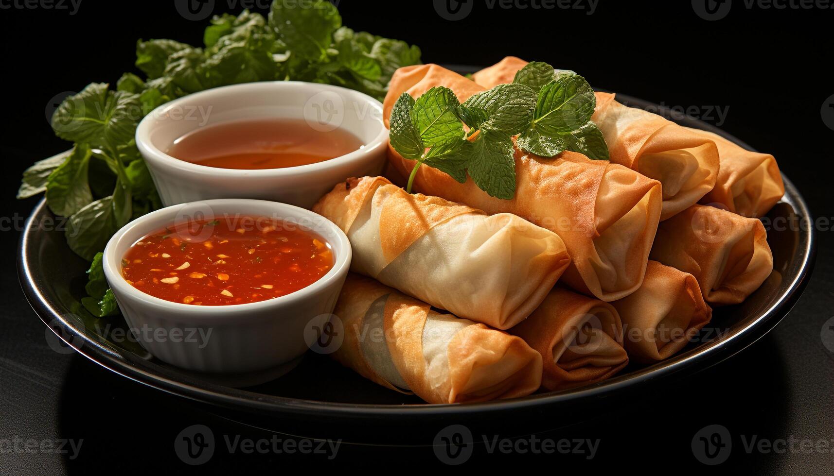AI generated A fresh, healthy meal vegetarian spring rolls with savory sauce generated by AI photo