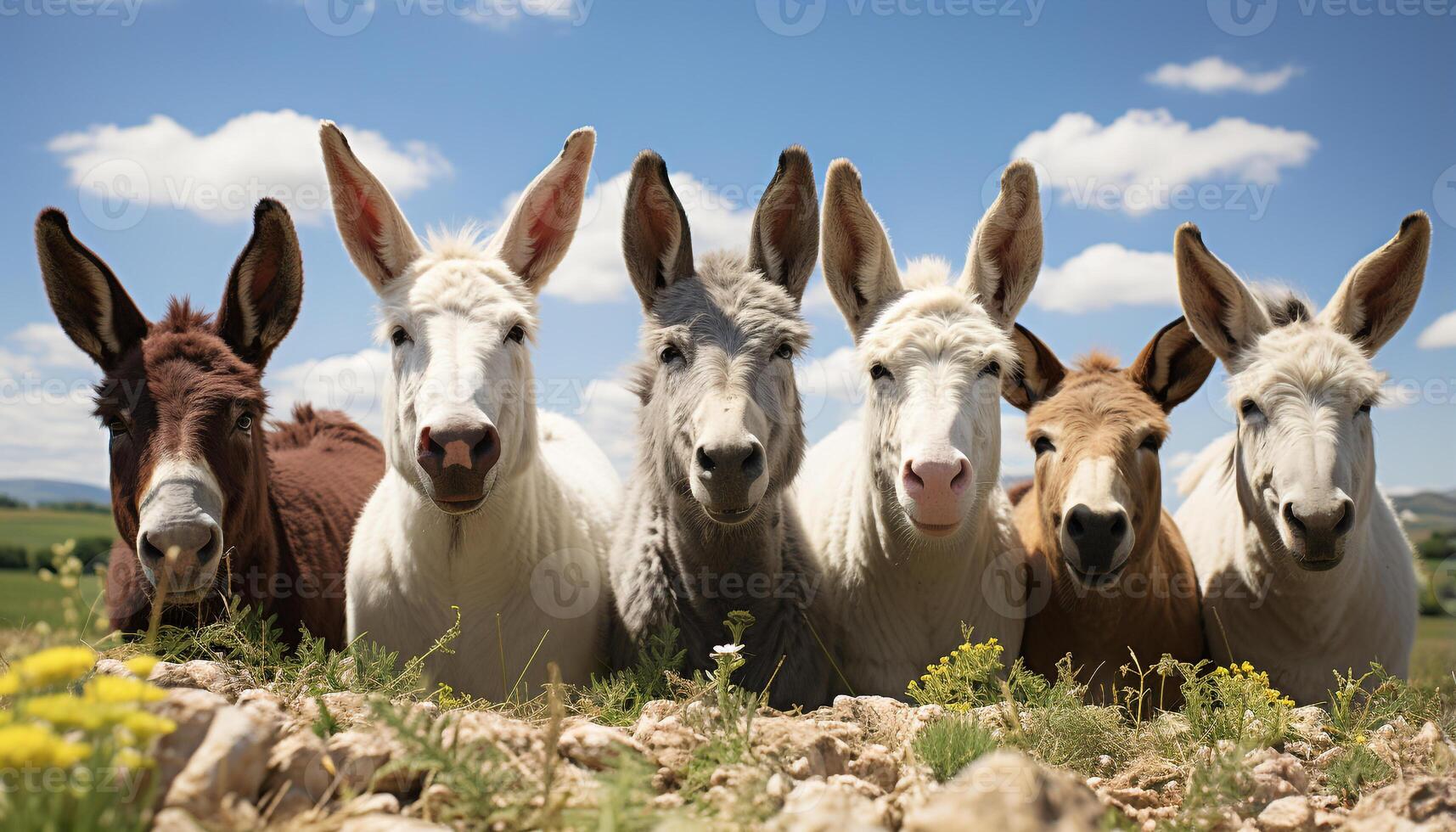 AI generated Cute donkey grazing in green meadow, surrounded by livestock generated by AI photo