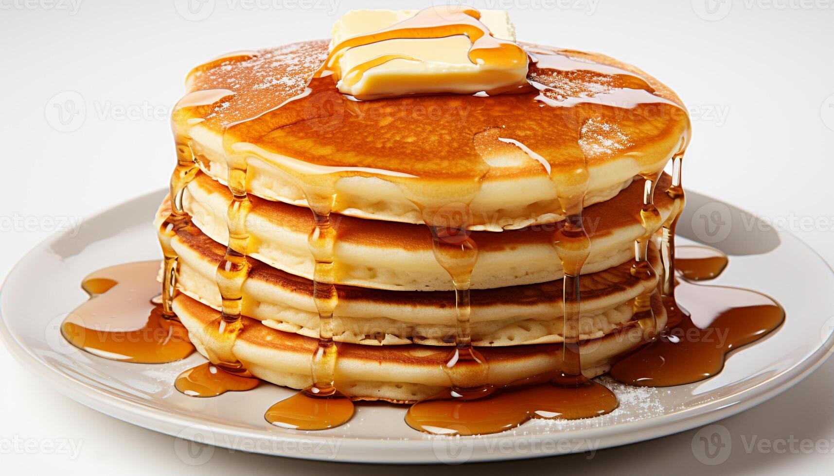 AI generated A stack of sweet pancakes, dripping with golden syrup generated by AI photo