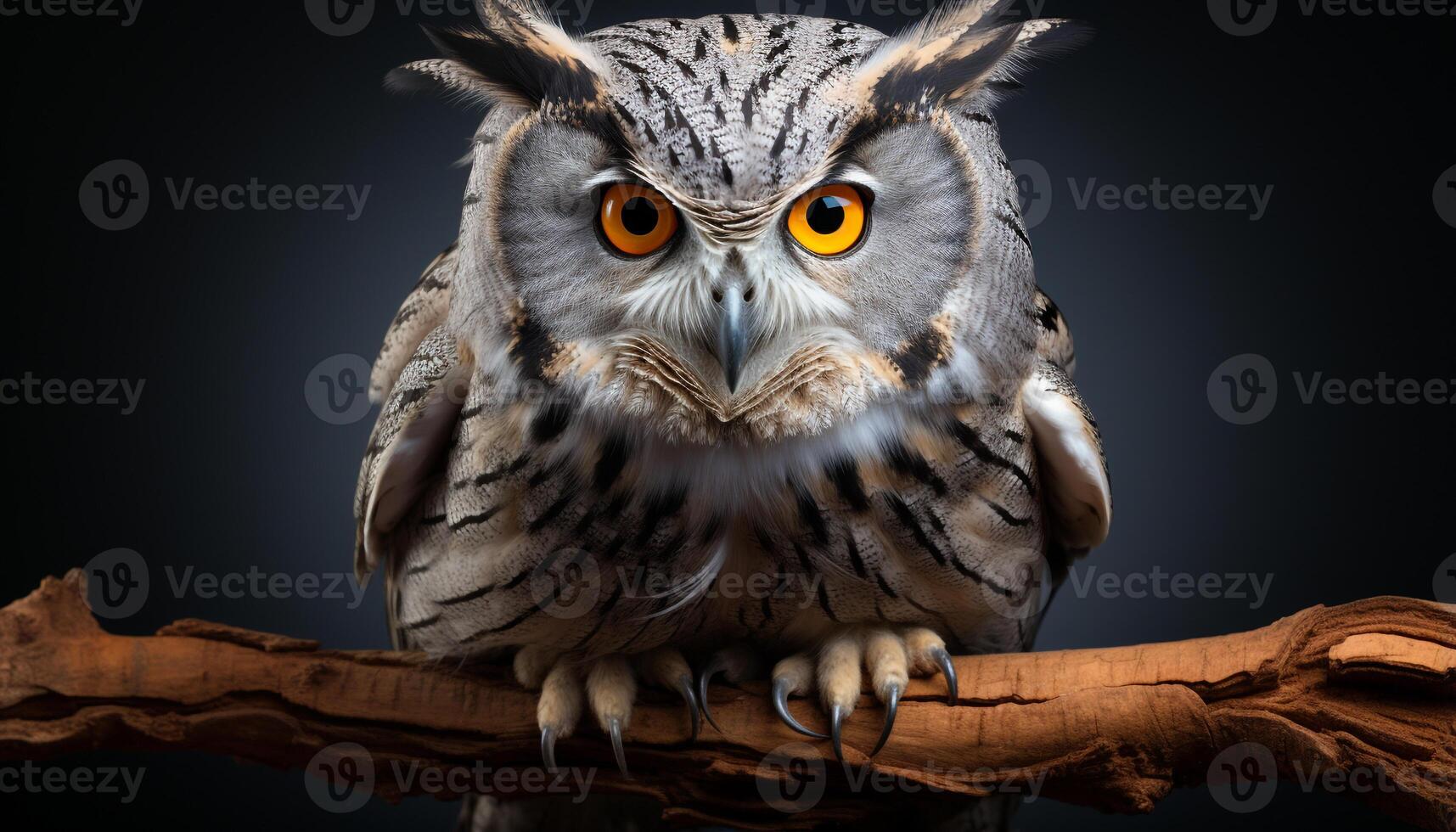 AI generated Eagle owl, majestic bird, perching on branch, staring at camera generated by AI photo