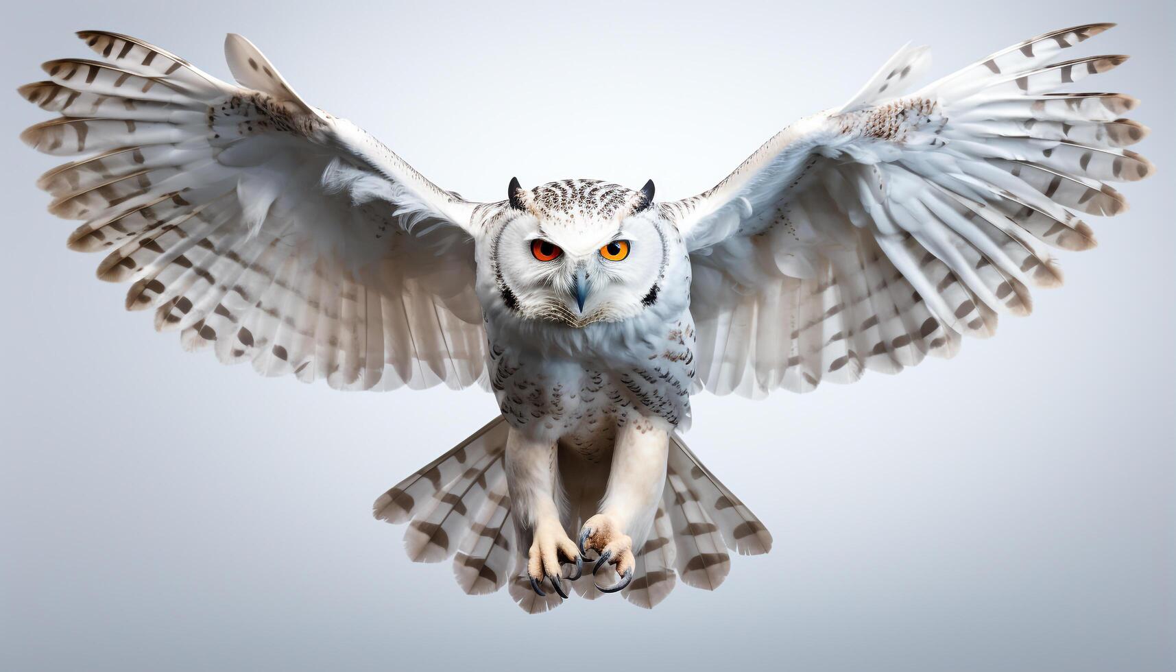 AI generated Eagle owl flying, spread wings, fierce hunter in mid air generated by AI photo