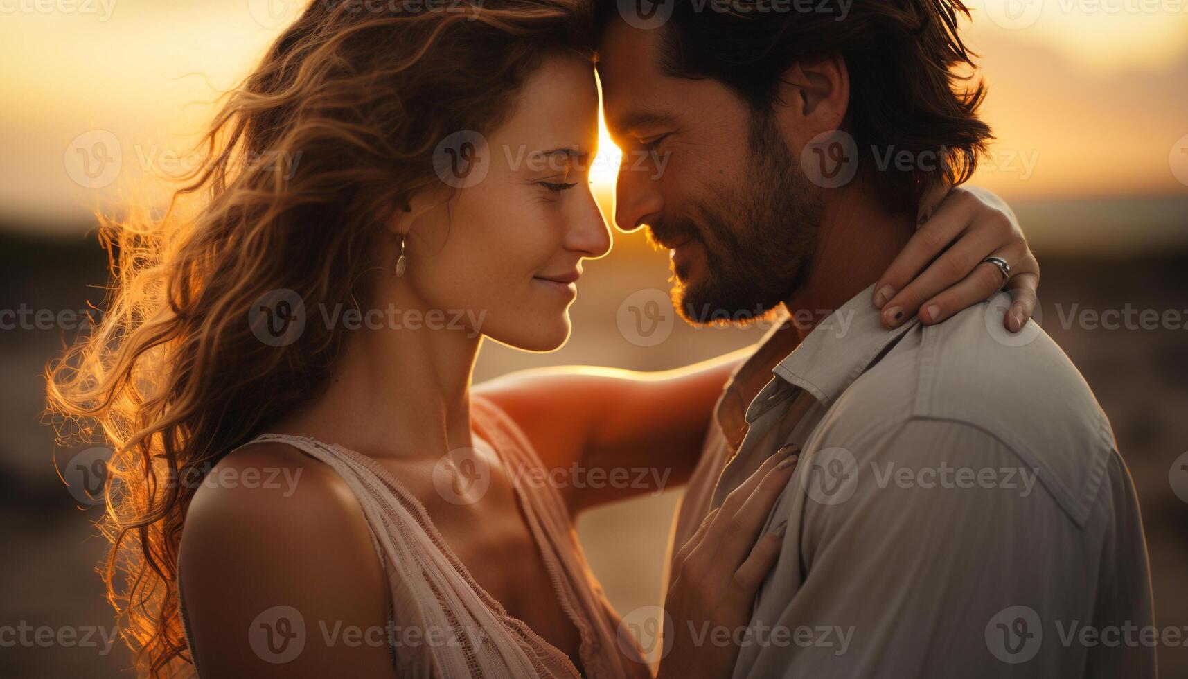 AI generated A loving couple embraces, enjoying the sunset in nature generated by AI photo