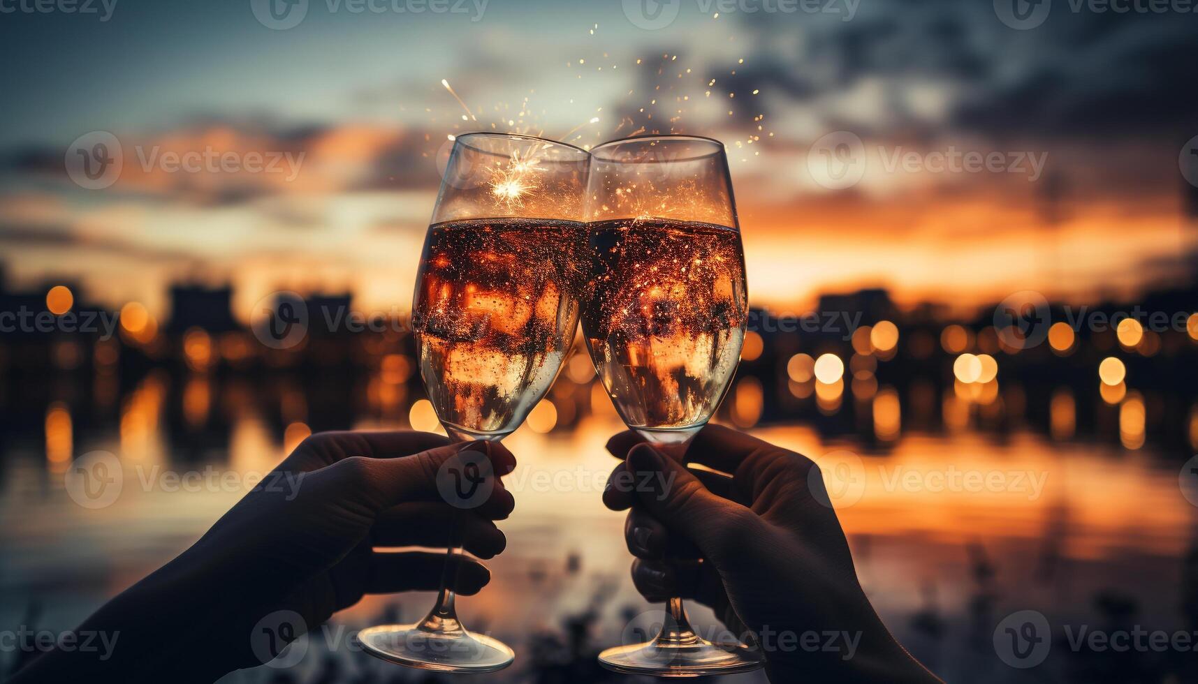 ai generado un romántico puesta de sol celebracion, dos personas brindis con champán generado por ai foto