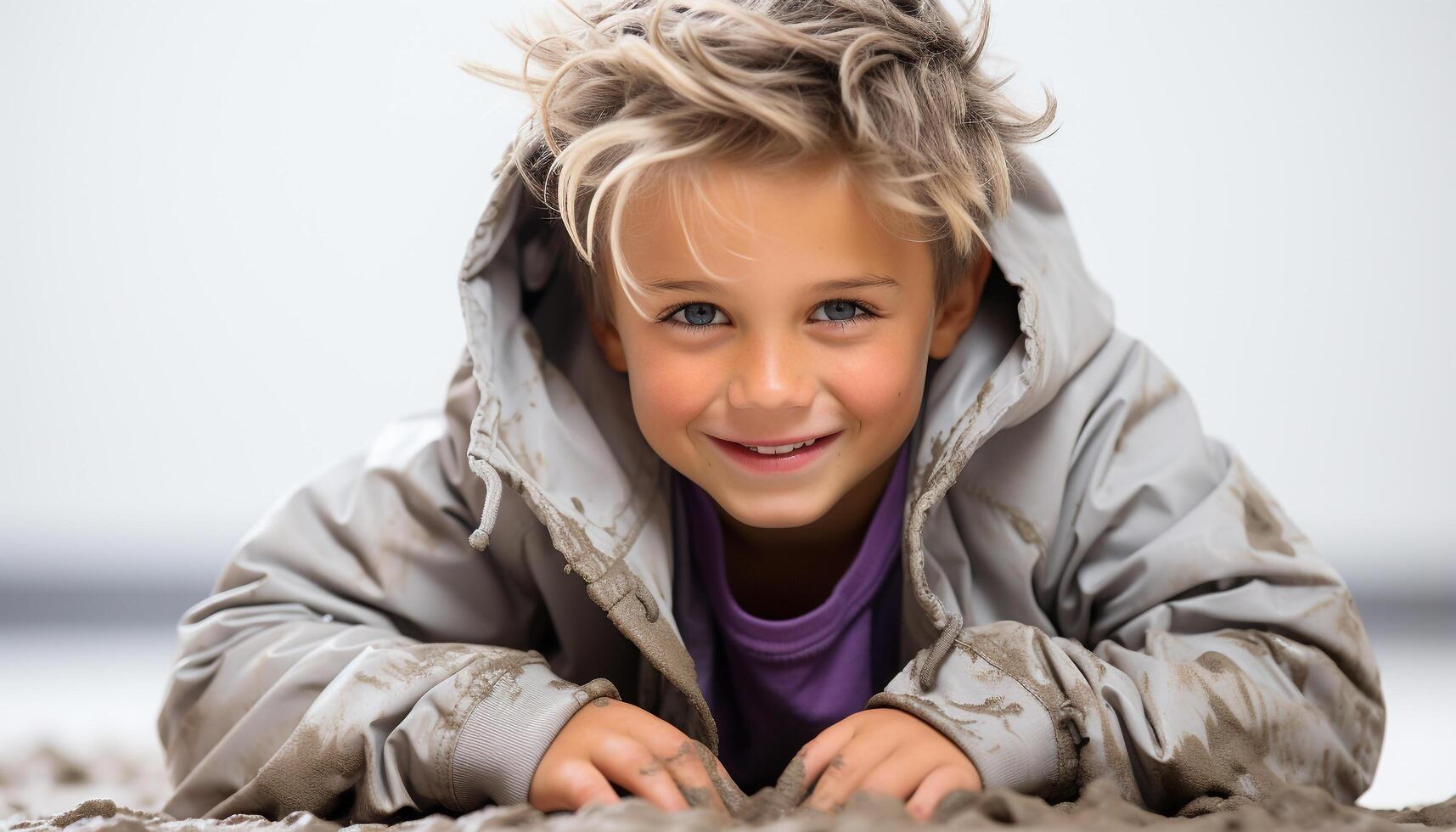 AI generated A cute, smiling boy, looking at camera, enjoying nature generated by AI photo