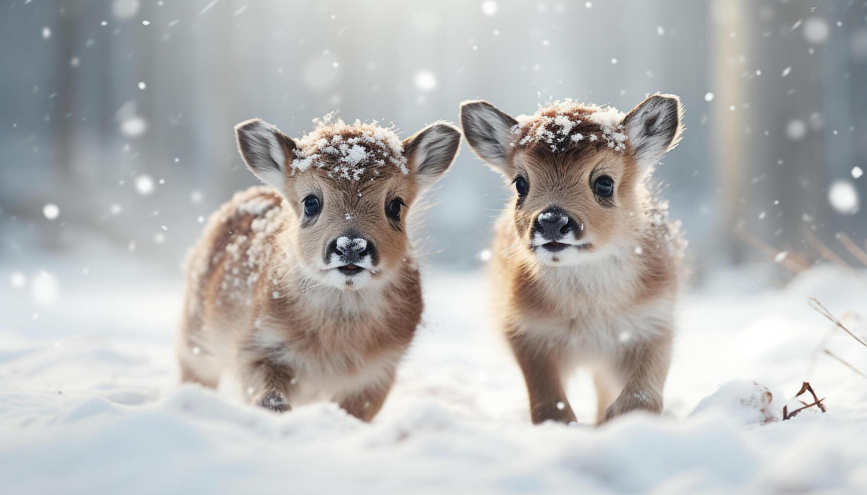 AI generated Cute puppy and kitten play in snowy winter forest generated by AI photo