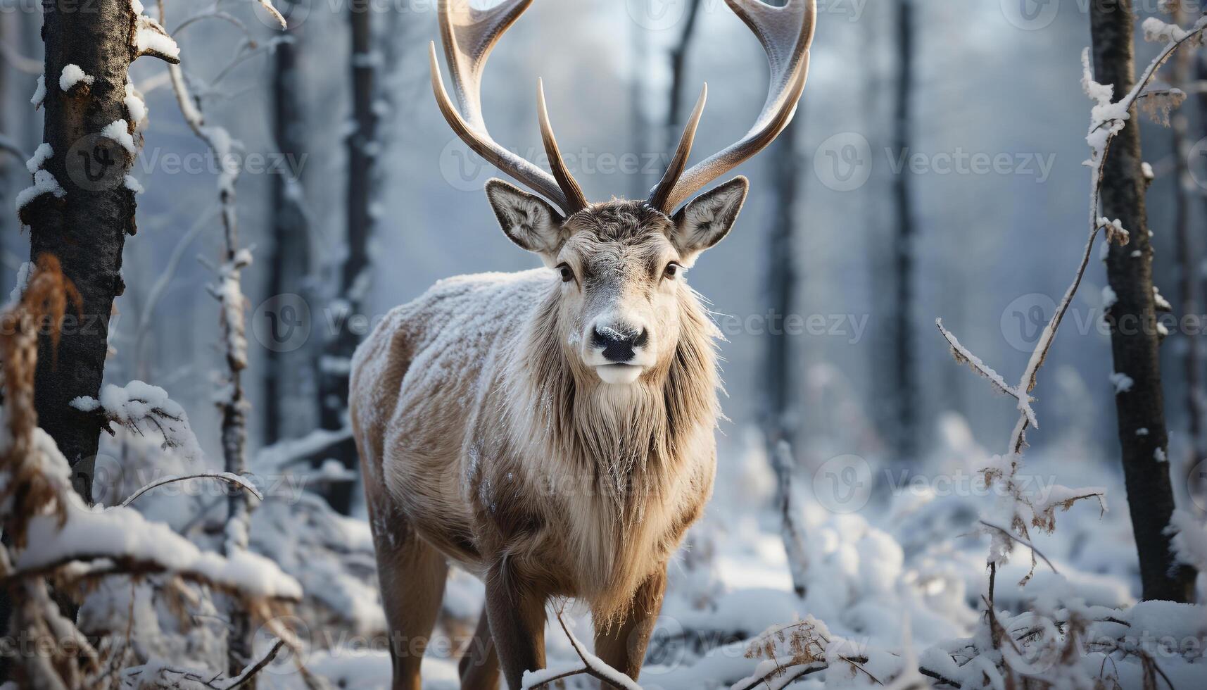 AI generated Cute deer in winter forest, snowing, tranquil landscape generated by AI photo