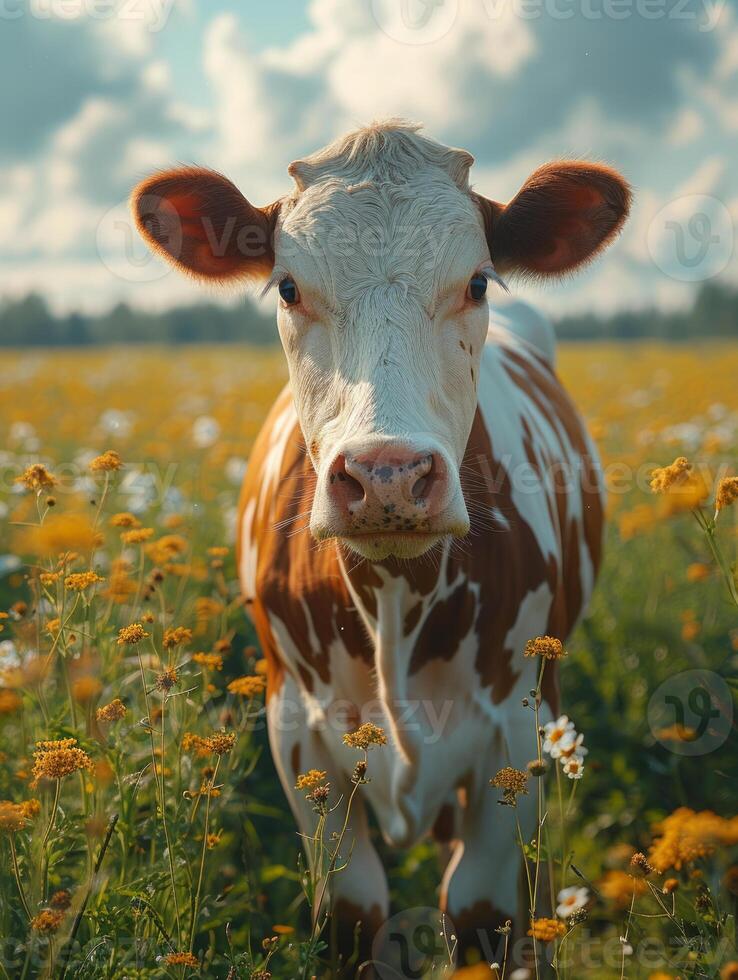 AI generated Young calf is standing in field with yellow flowers. Cow is standing in a green field in the springtime photo