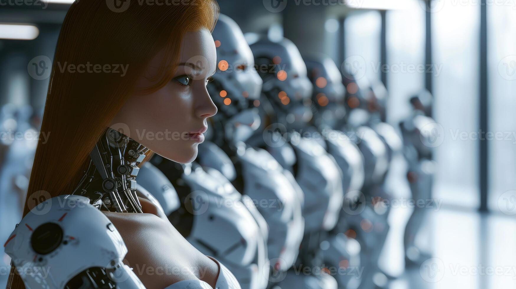 AI generated Cyborg woman stands amidst a row of robots in the background, Ai Generated. photo