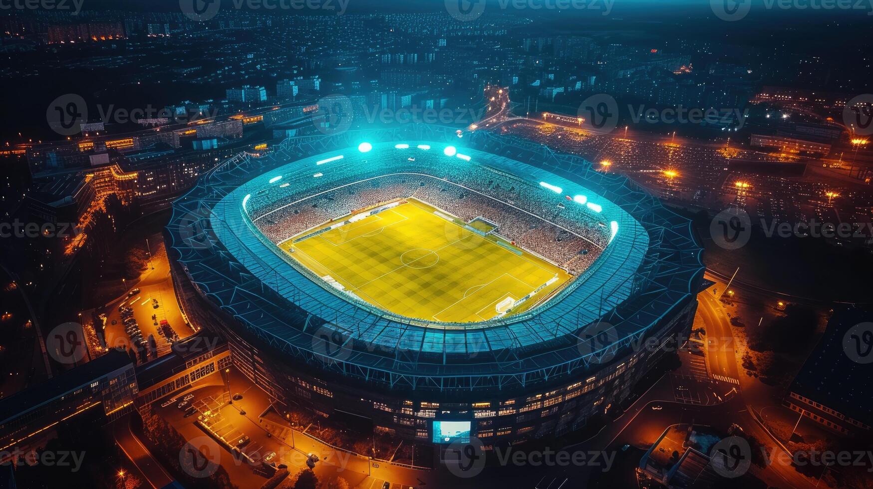 ai generado aéreo ver de un fútbol estadio en el noche un cautivador Deportes panorama. crepúsculo seducir, ai generado. foto