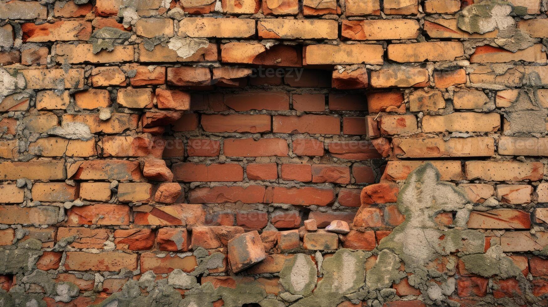 AI generated A hole reveals through a broken brown brick wall, hinting at hidden secrets. Evocative, Ai Generated. photo