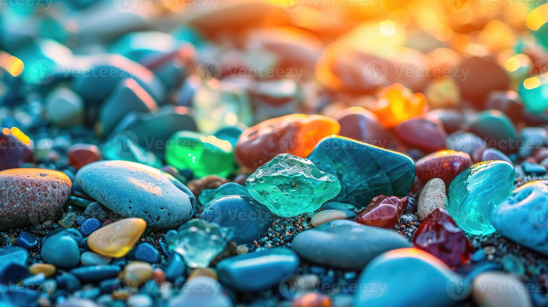 AI generated Jewels of nature adorn the sandy shores, colorful gemstones gleaming under the sun, Ai Generated. photo