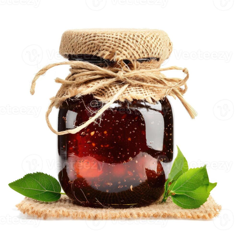 AI generated A jar of homemade jambul jam with fresh jambul, isolated on a white background. Ai Generated. photo