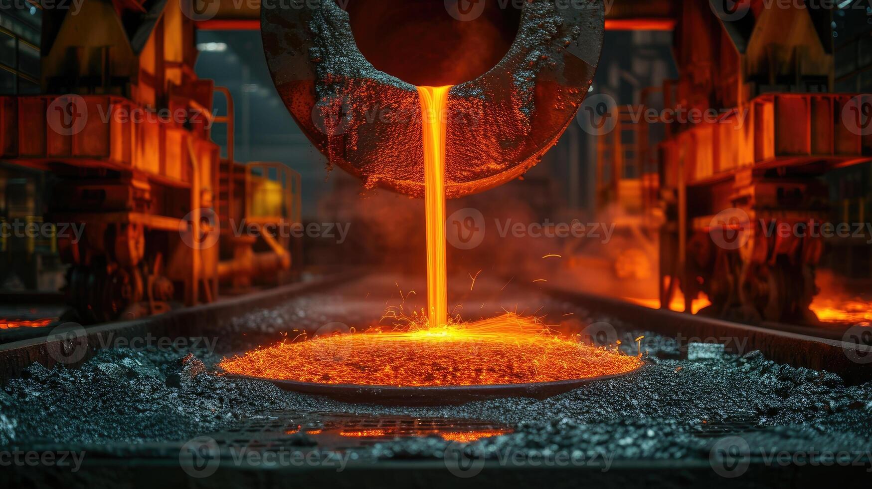 AI generated Molten steel flows from a metallurgical ladle, glowing and dynamic in its industrial journey. Ai Generated. photo