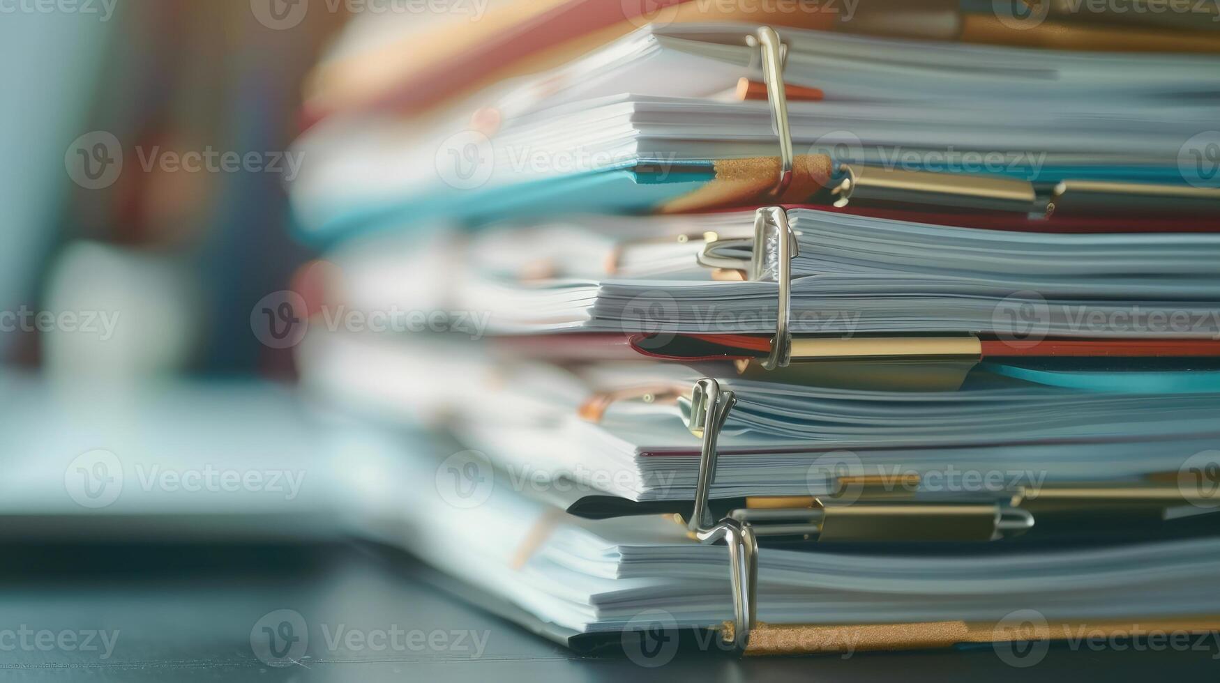 AI generated Extreme close-up of stacked office documents held together by a paper clip folder. Ai Generated. photo