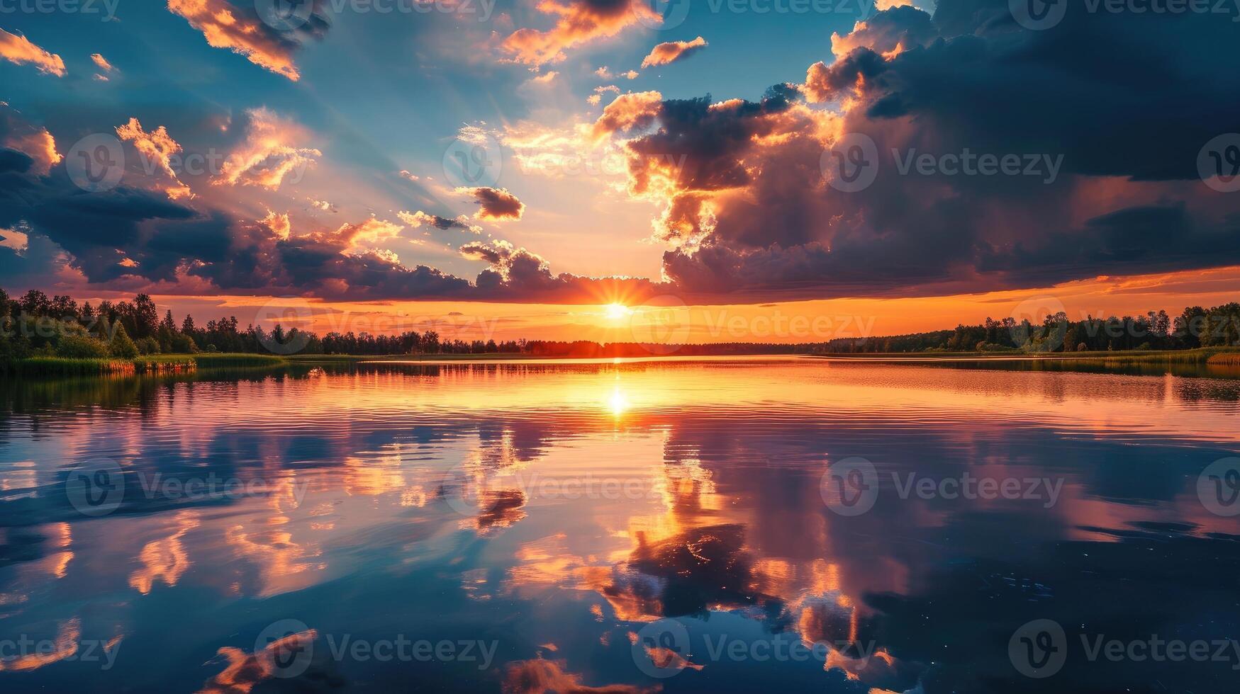 AI generated A lake bathed in a gorgeous sunset, bright clouds ablaze, nature's fiery spectacle, Ai Generated. photo