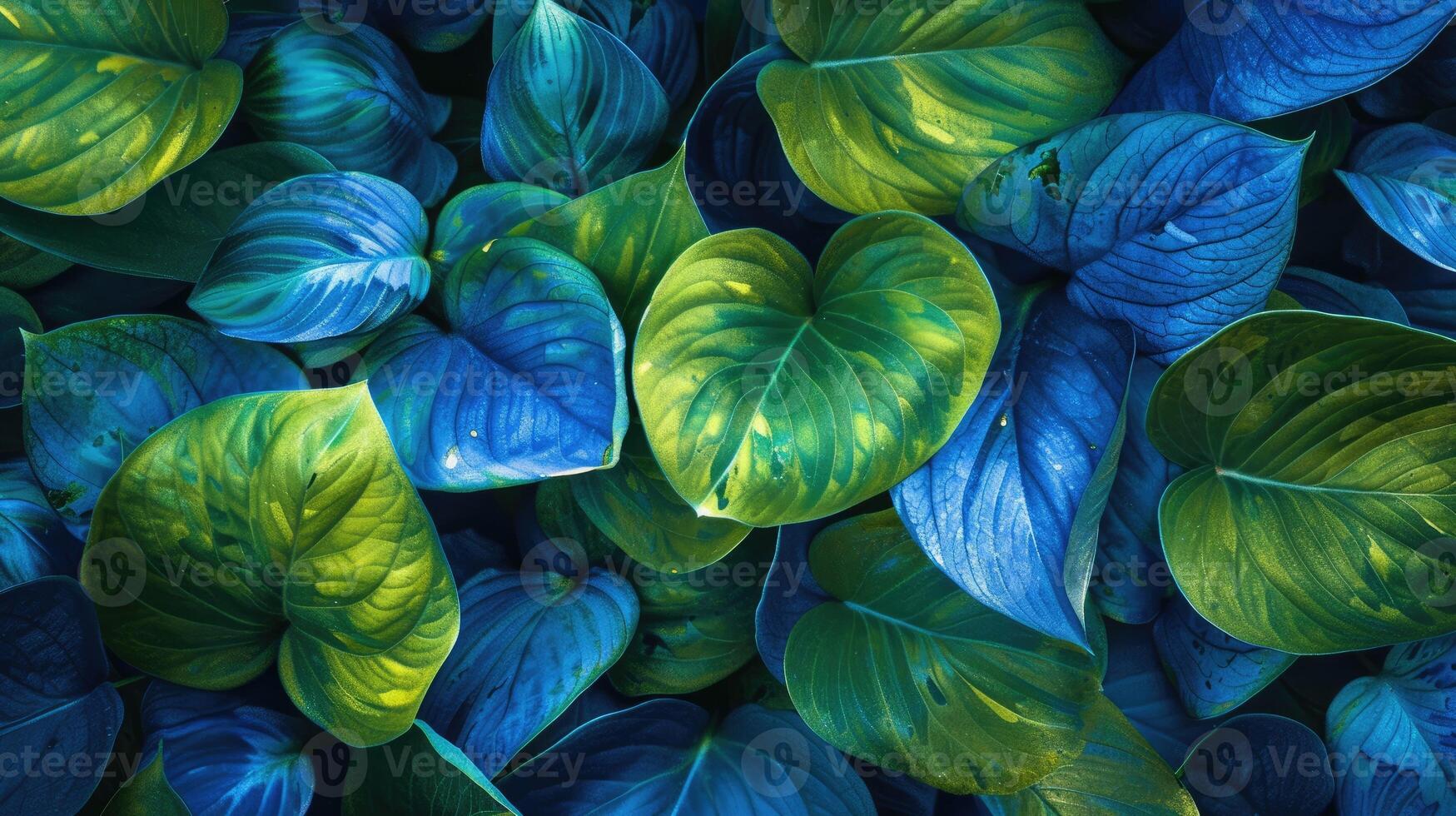 AI generated Tropical leaves illuminated in vibrant blue and green hues. Ai Generated photo