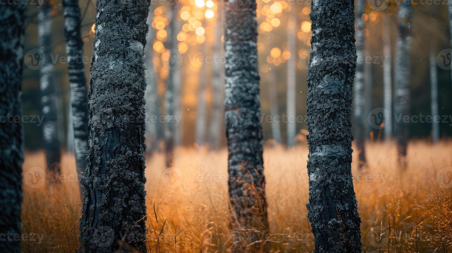 AI generated Birch trunks stand tall in a field, a bokeh background adds a dreamy allure, Ai Generated. photo