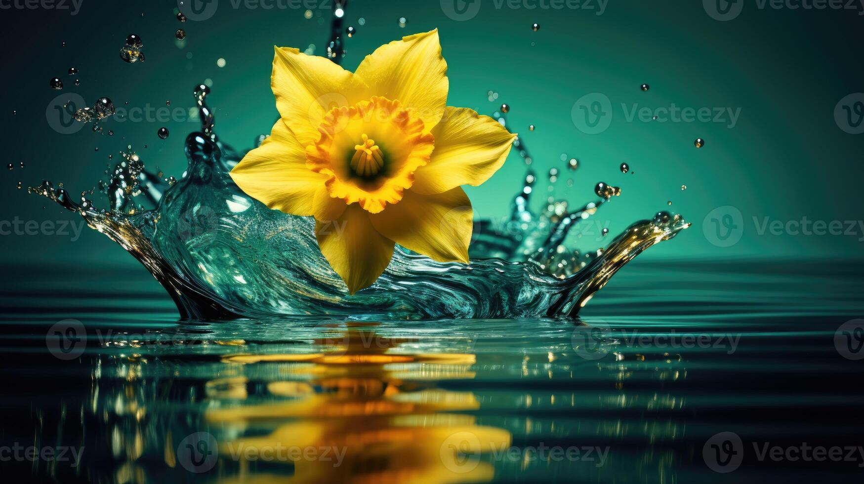 AI generated A vibrant yellow daffodil showcases its beauty with a mirrored reflection, doubling the floral brilliance. Ai Generated. photo