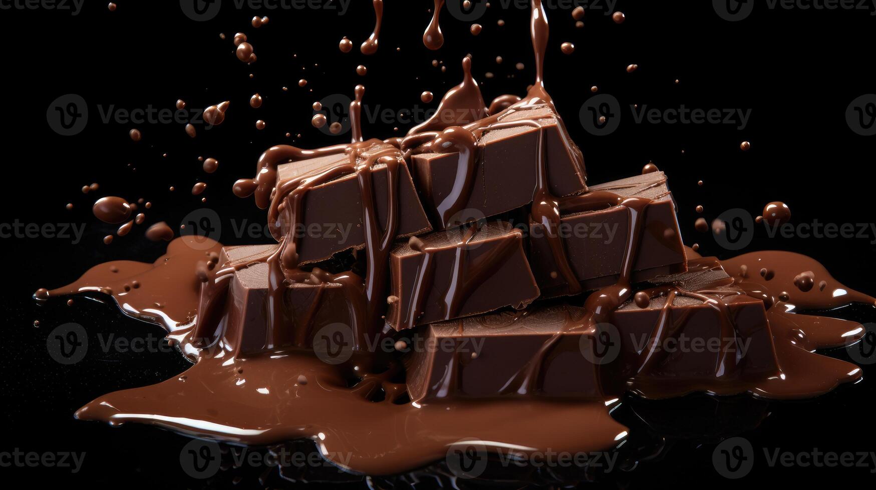 ai generado Derretido chocolate gotas en chocolate piezas, negro antecedentes. decadente seducir, ai generado. foto