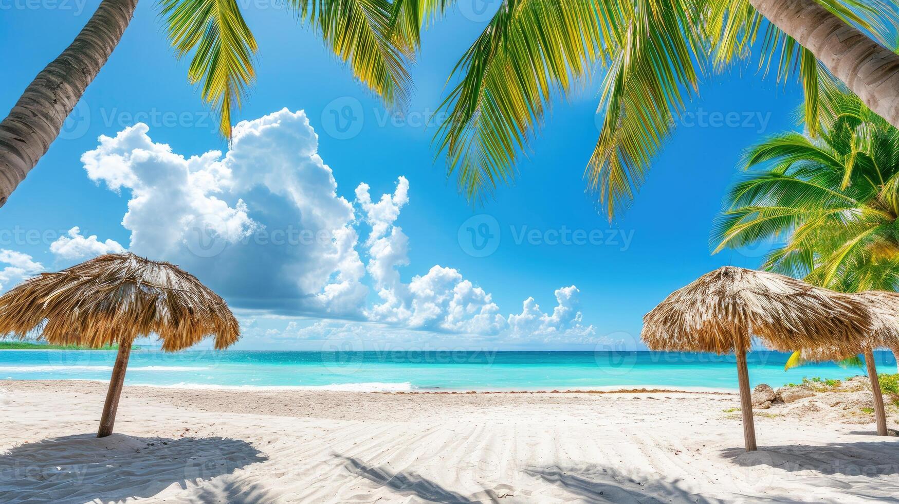 AI generated Tranquil beach scene with sunshade, palm tree, and clear blue sky, a tropical paradise. Ai Generated. photo