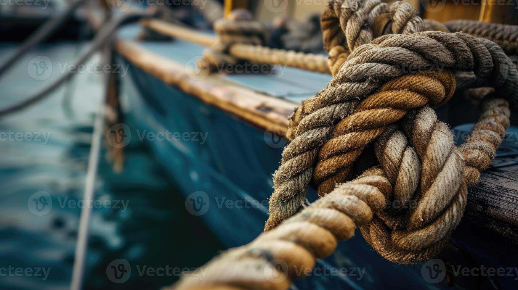 AI generated Rope tied to ship, close-up view reveals nautical details and maritime charm. Ai Generated photo