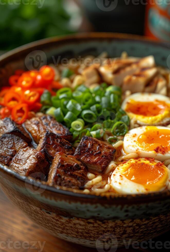 AI generated Bowl of ramen with pork egg green onions and green peppers photo