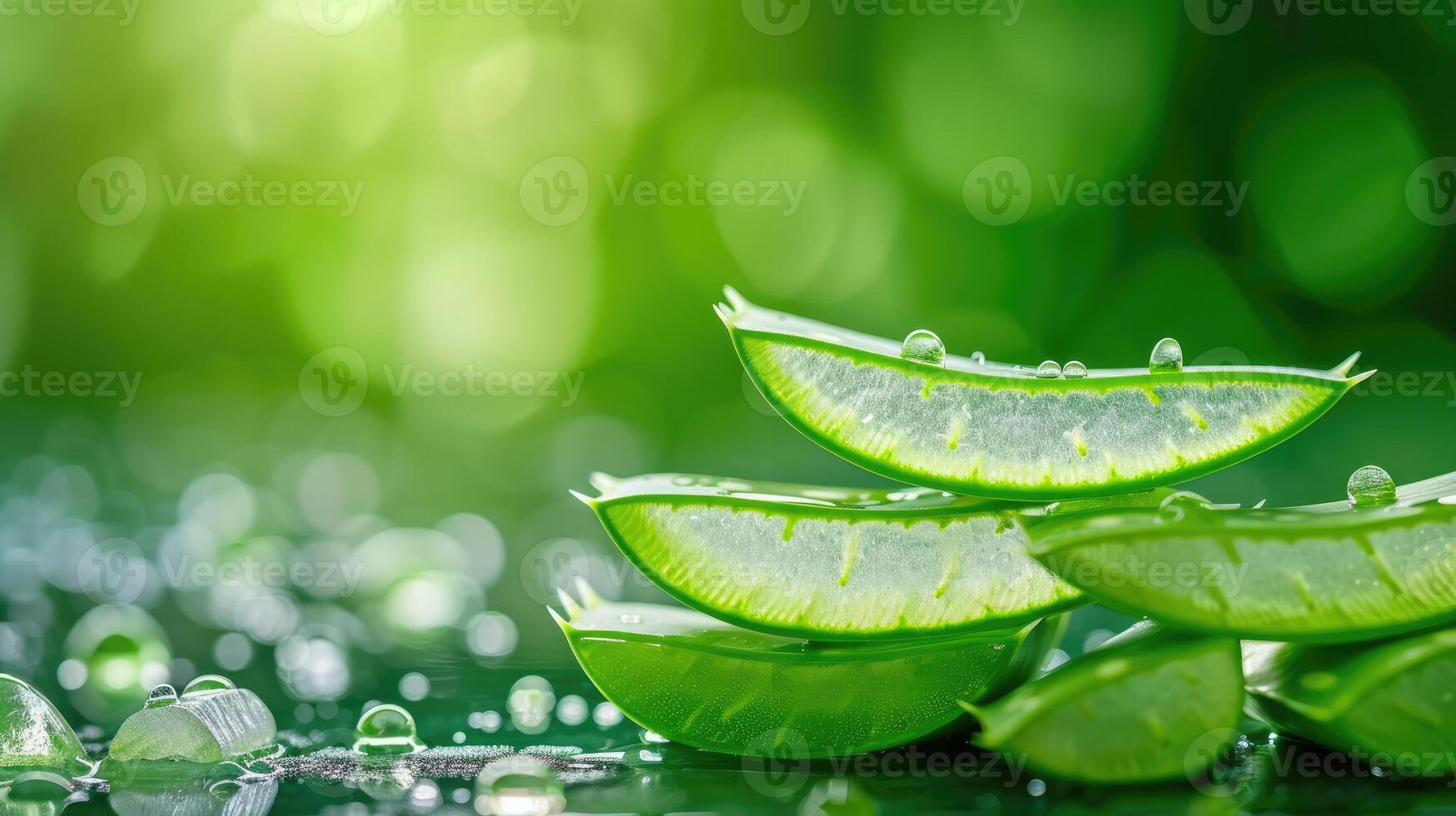 AI generated Slices of aloe vera placed on a lush green background, showcasing the plant's natural freshness and vitality, Ai Generated. photo