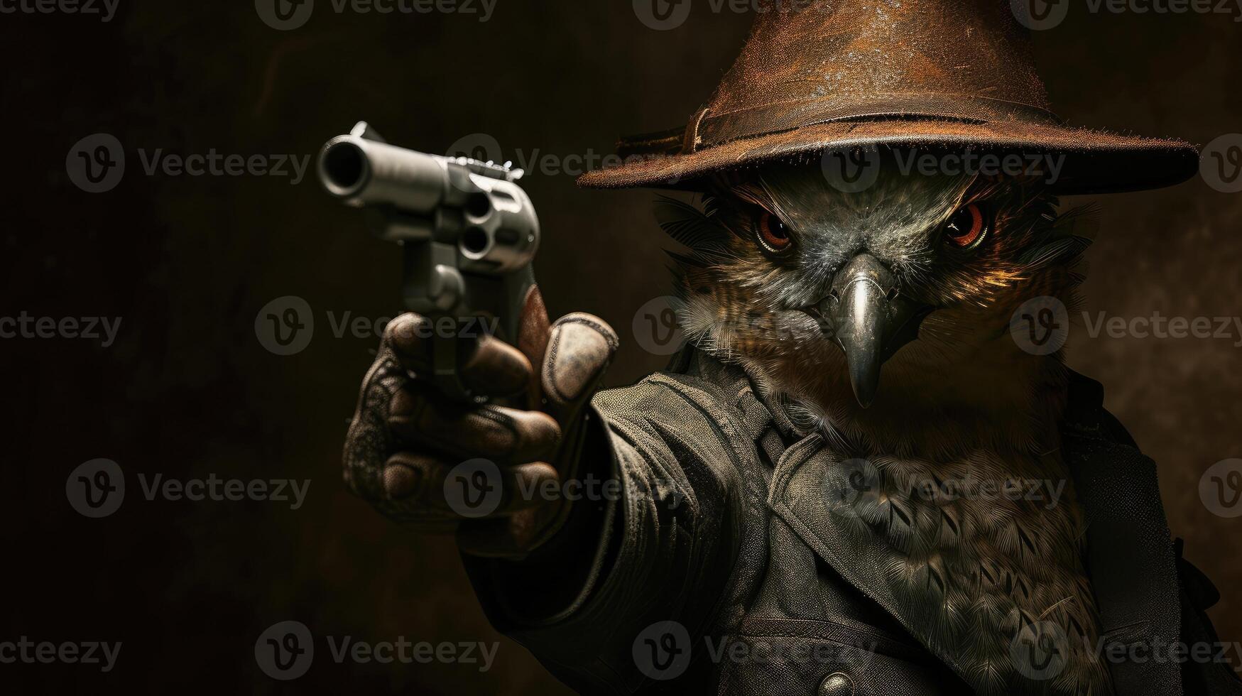 AI generated a bird in a hat brandishing a gun. Ai Generated. photo