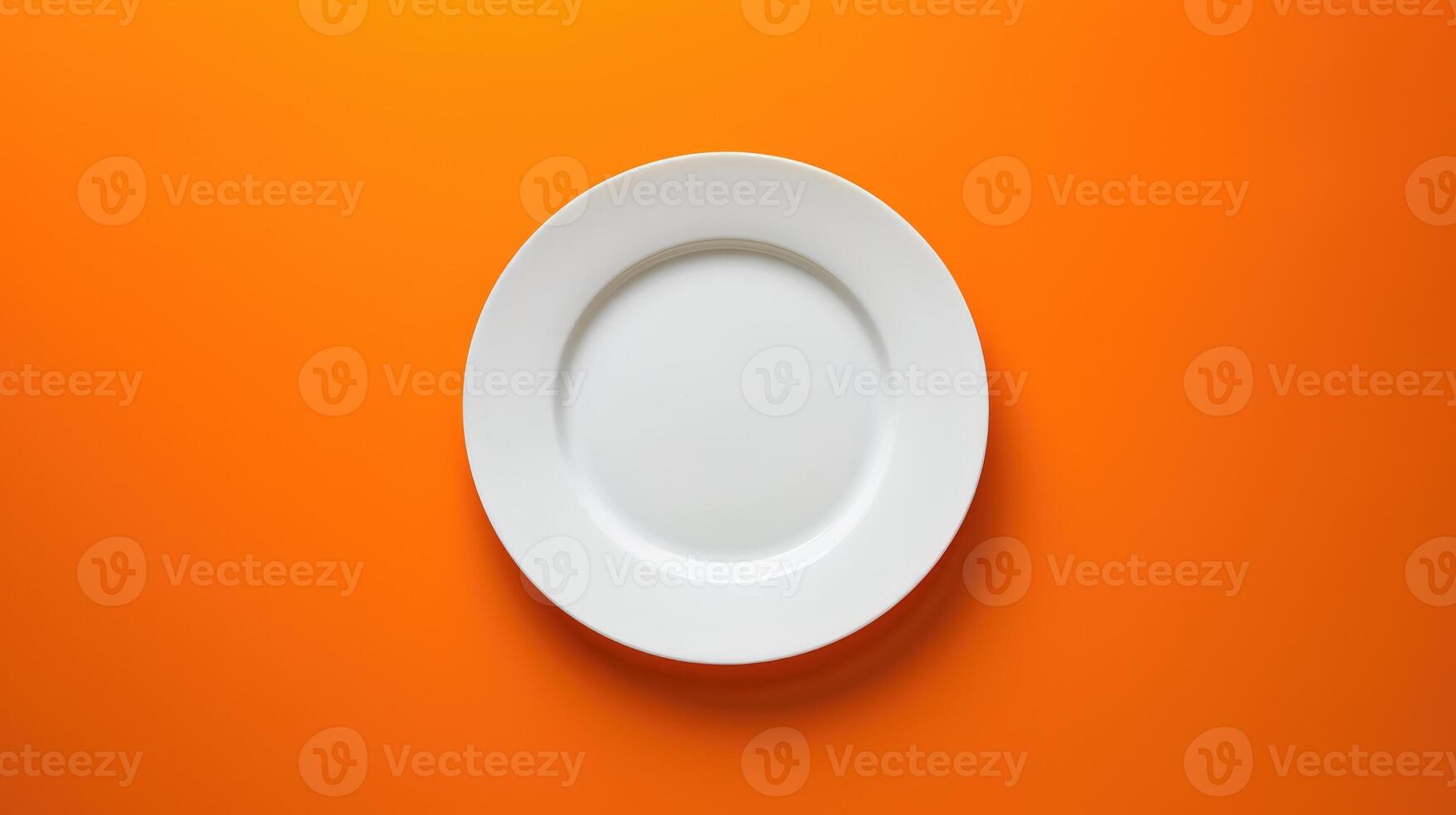 AI generated Top-down view of a white empty plate placed on a vibrant orange background, creating a striking contrast, Ai Generated. photo