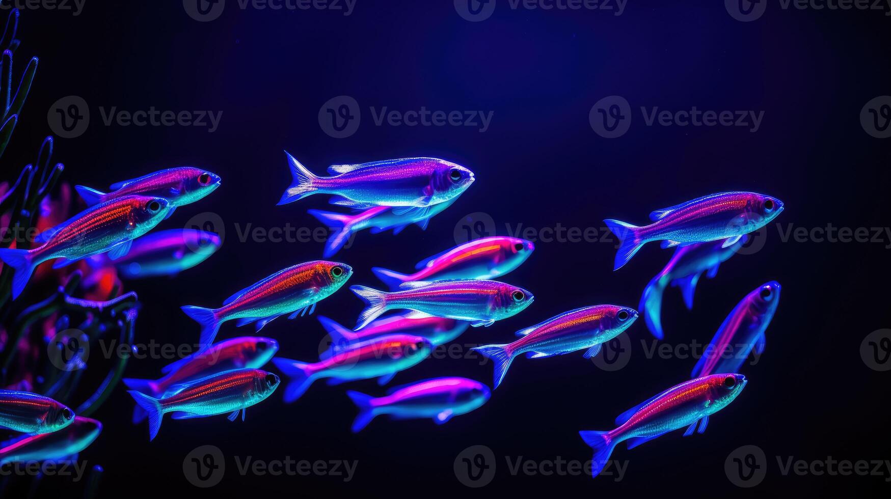 AI generated Witness a dynamic school of neon tetra fish in synchronized swim, Ai Generated. photo