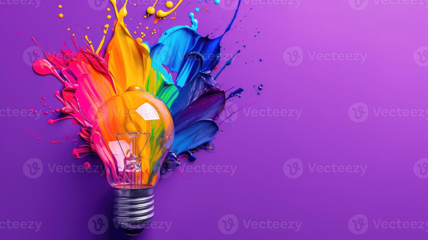 AI generated Imaginative concept featuring a colorful lightbulb crafted from liquid paint on a vibrant purple background, Ai Generated. photo