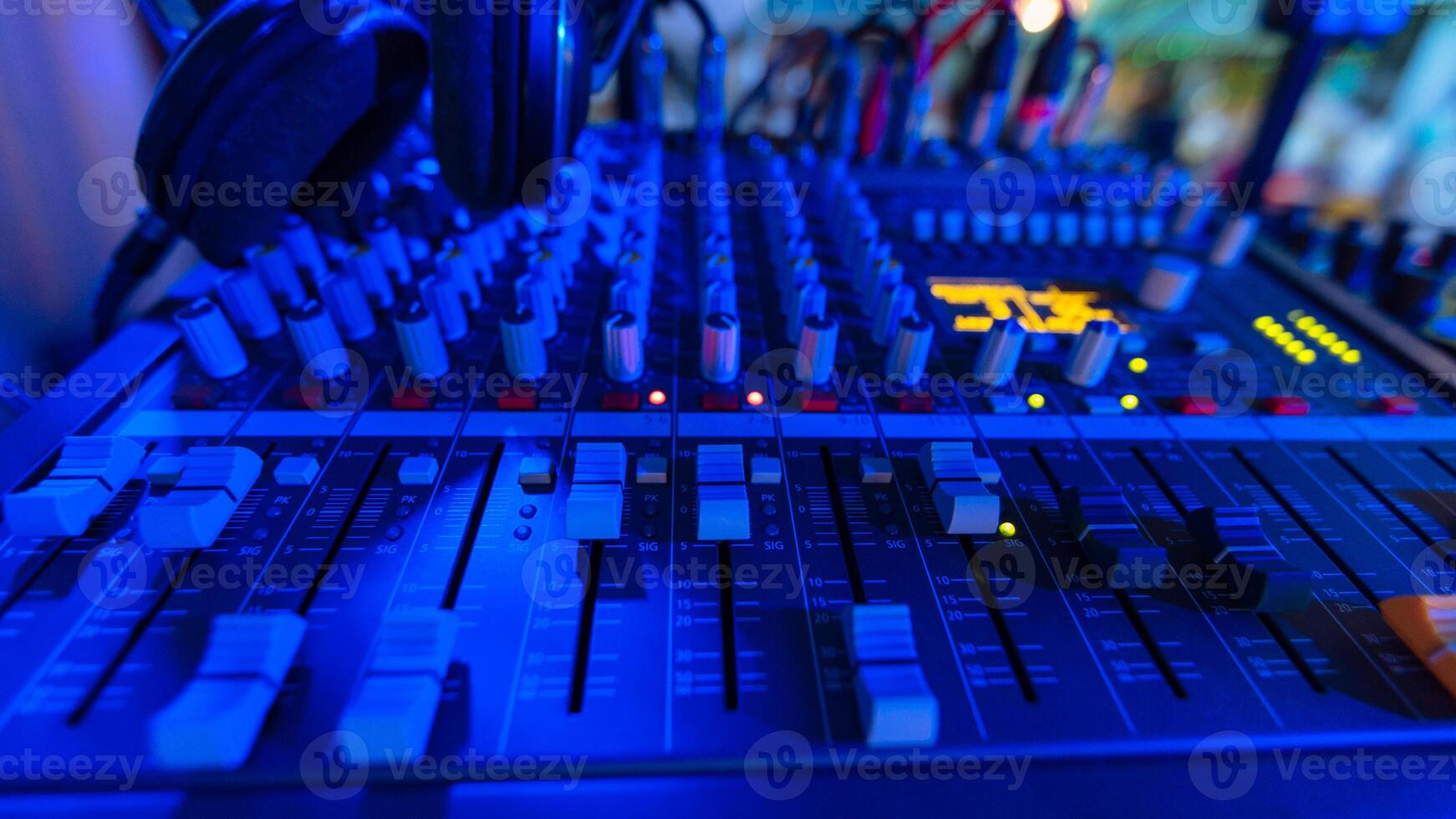 Amplifier and equalizer mixer switch of sound equipment. Selective focus. photo