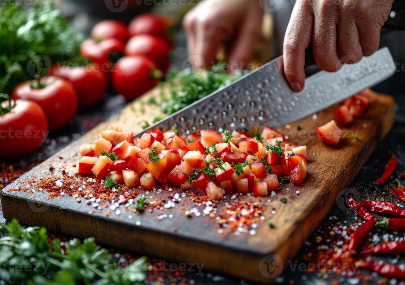 AI generated Close-up red pepper on board of woman cooking. A person skillfully chops vibrant tomatoes on a sturdy wooden cutting board. photo