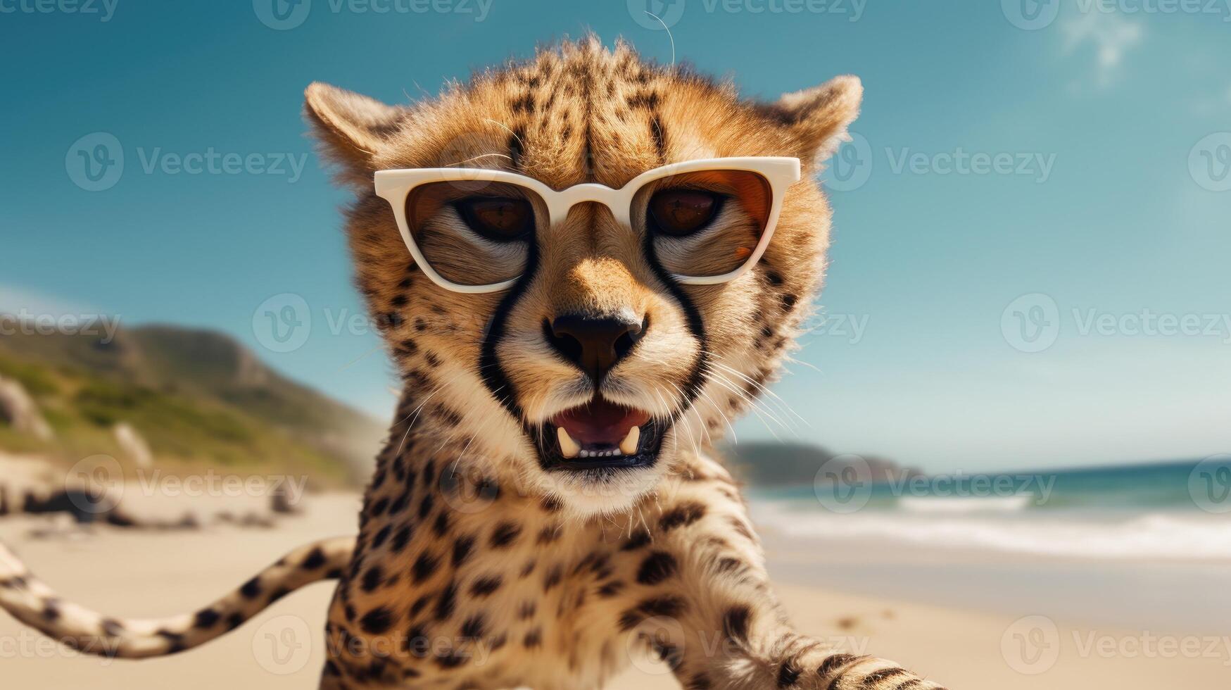 AI generated Experience the intensity of an cheetah leaping onto the beach in a stunning close-up photo, Ai Generated. photo