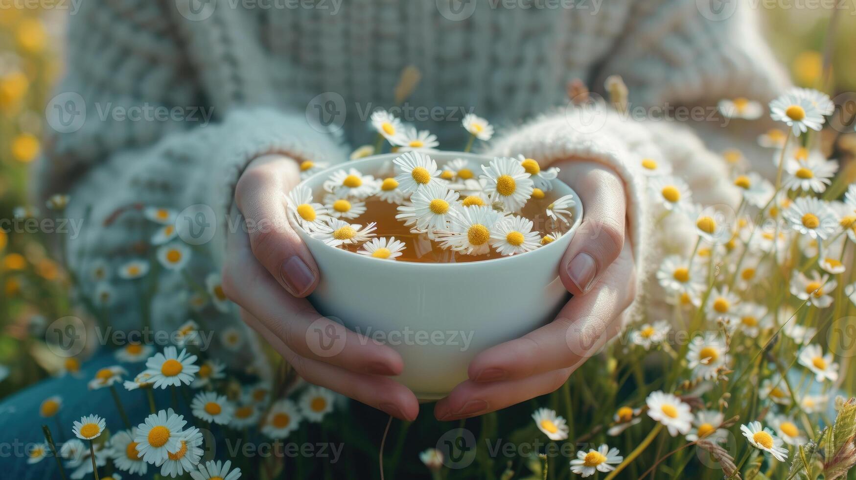 ai generado persona participación té taza con margaritas, ai generado. foto