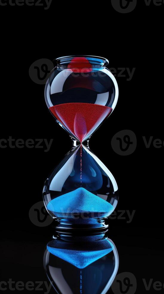 AI generated Red and blue substances flow in an hourglass against a dark backdrop, adding depth and intensity to the scene. Ai Generated. photo