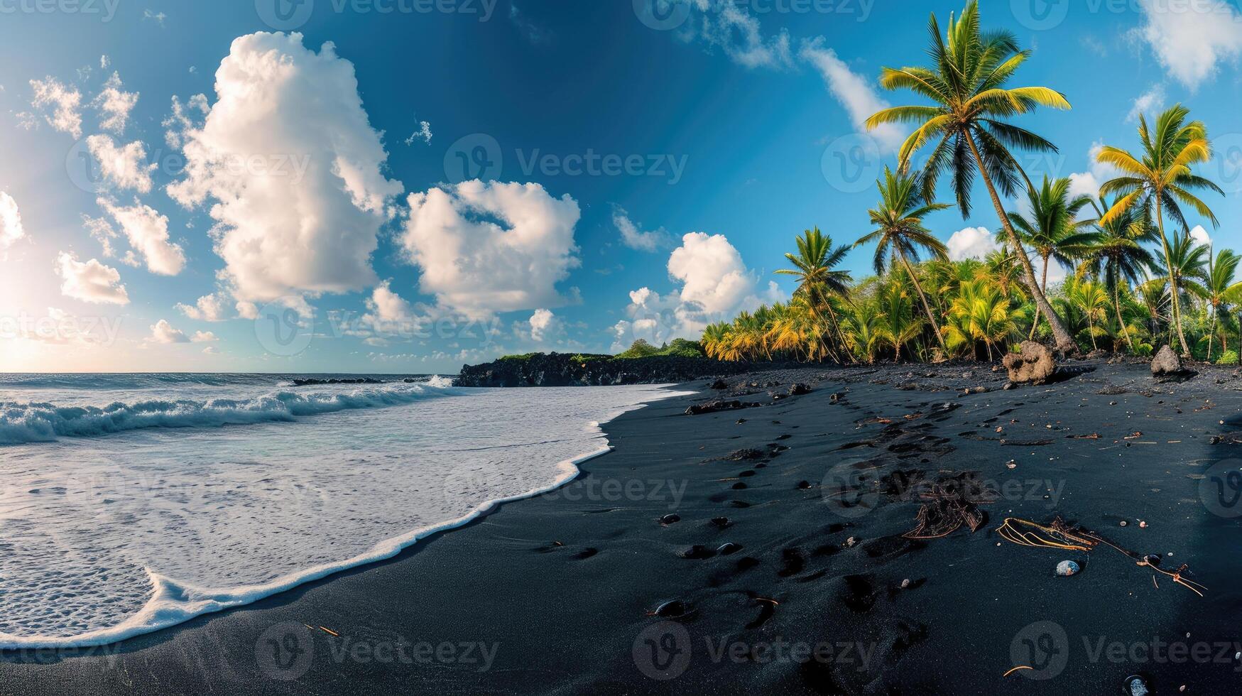 AI generated Panorama of a tropical black sand beach with palm trees and a solitary house. Ai Generated. photo