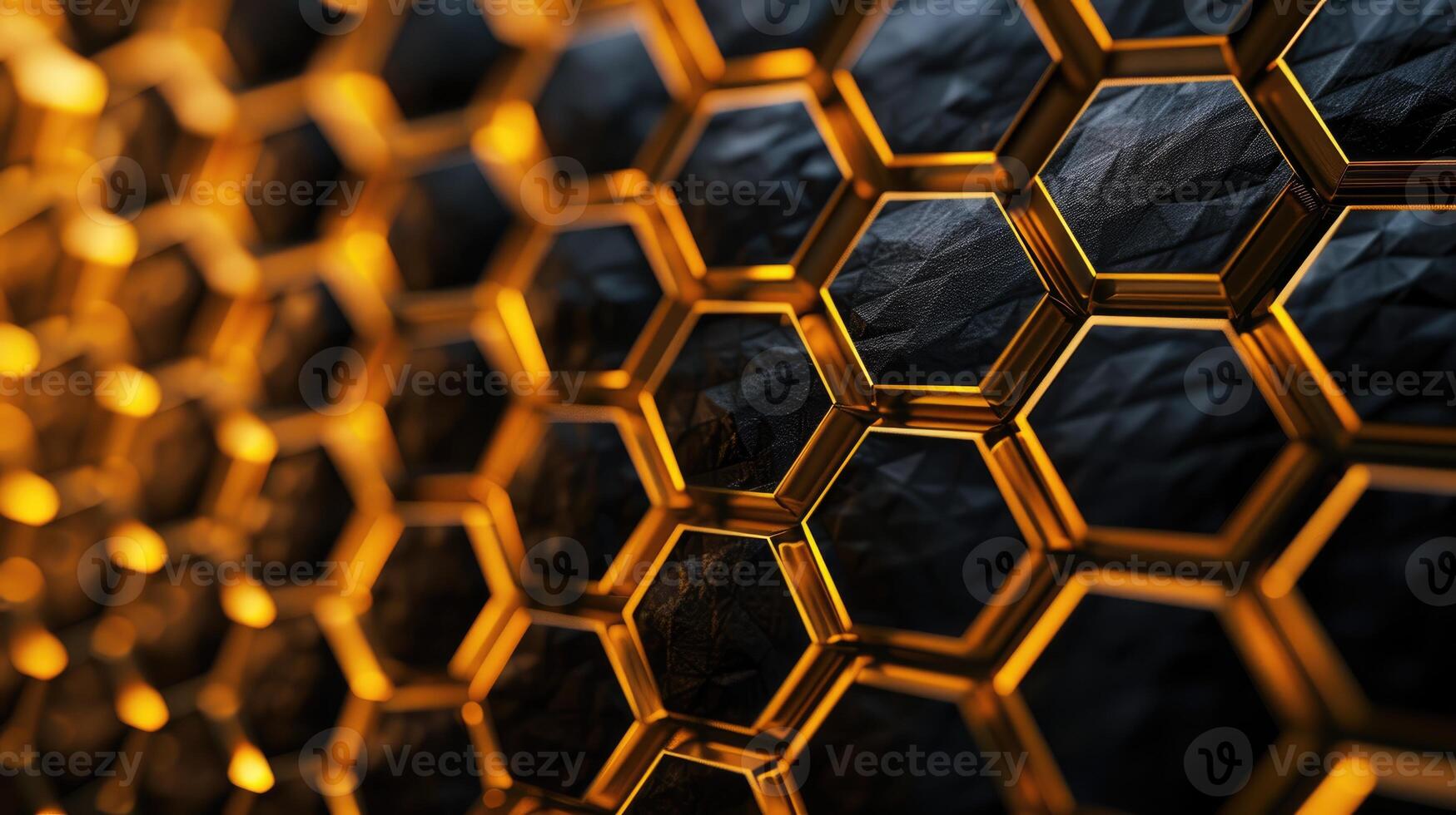 AI generated Abstract allure of a golden honeycomb on a black backdrop, radiating elegance and richness, Ai Generated. photo