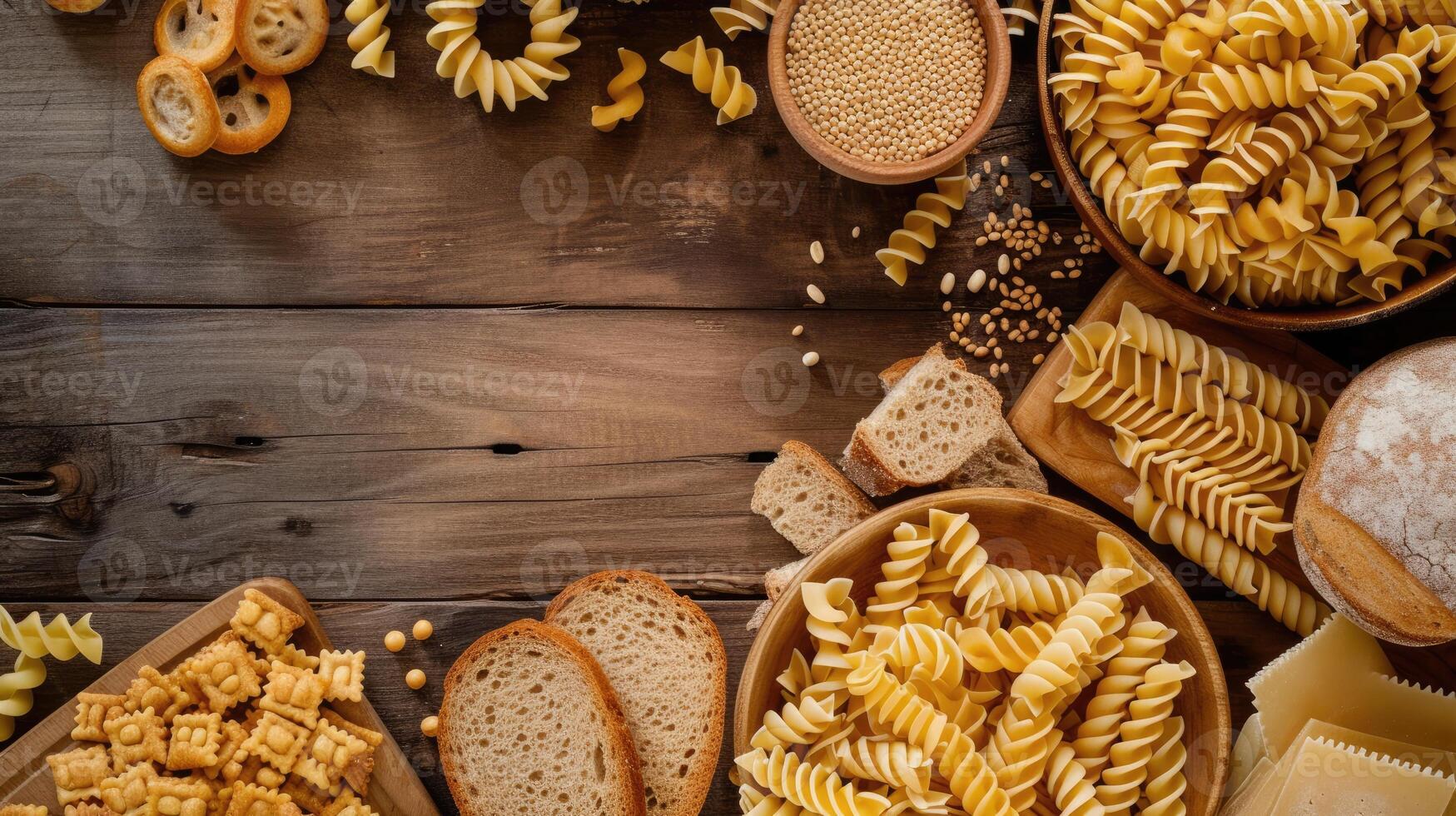 AI generated Top view of a wooden background showcasing various gluten-free pasta, bread, and snacks, Ai Generated. photo