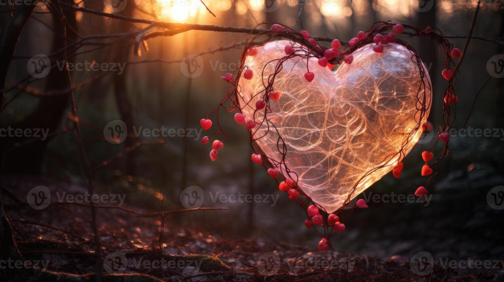 AI generated A transparent heart filled with delicate pink berries stands out amidst the forest greenery. Ai Generated photo