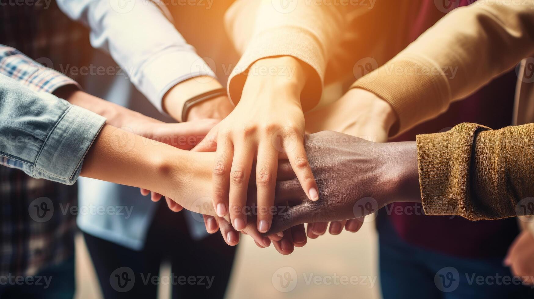AI generated Friends joining hands, symbolizing teamwork and unity with copy space. Ai Generated photo