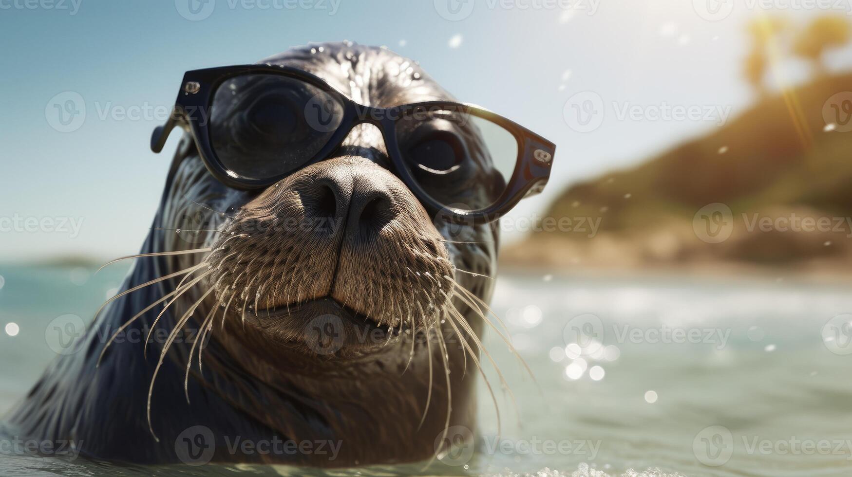 ai generado juguetón sello saltos sobre el playa, deportivo elegante Gafas de sol, un chapoteo de costero frescura, ai generado. foto