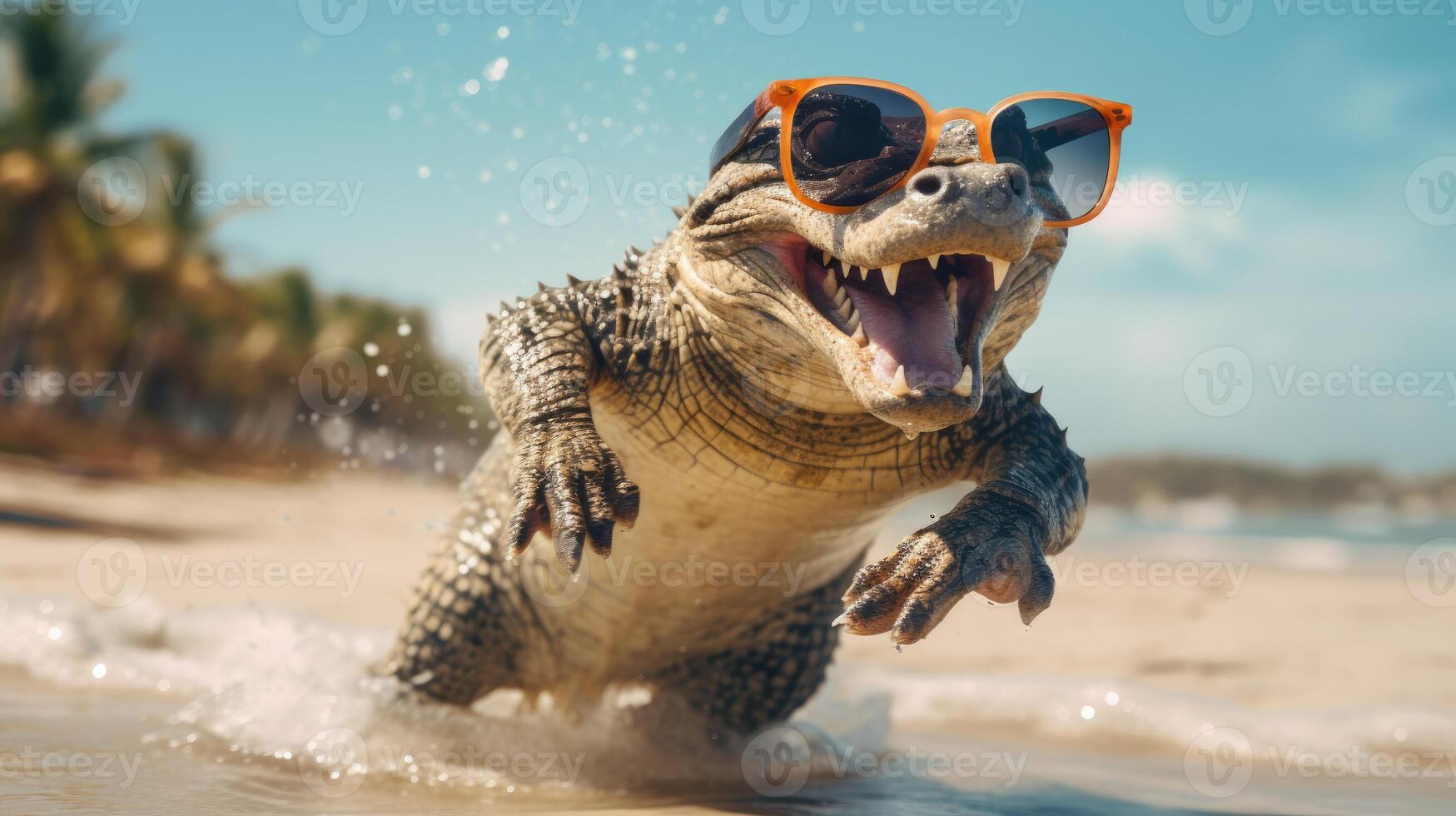 AI generated Experience the intensity of an crocodile leaping onto the beach in a stunning close-up photo, Ai Generated. photo