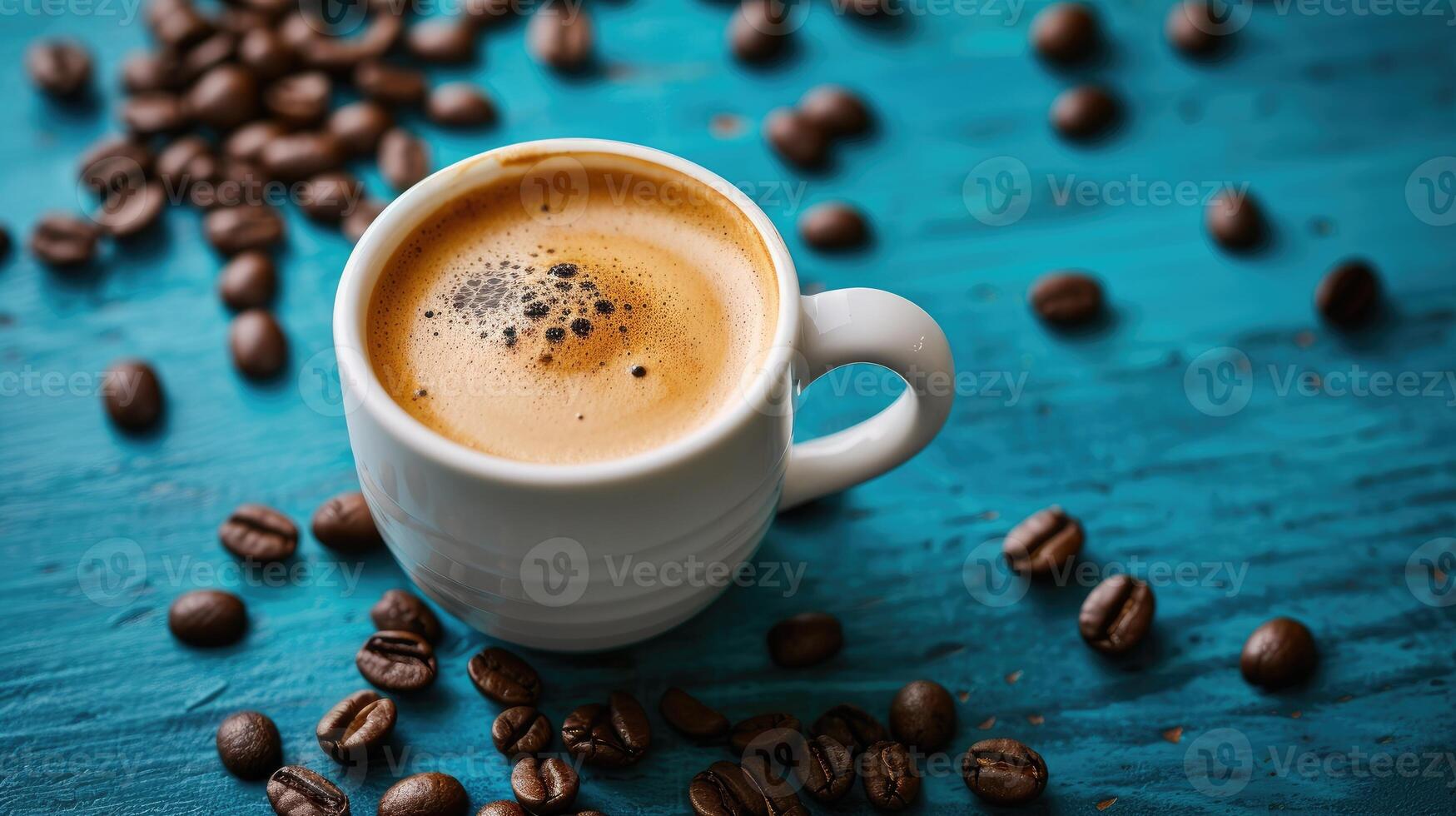 AI generated Aromatic Coffee Cup Amidst Beans on Blue Background, Ai Generated photo