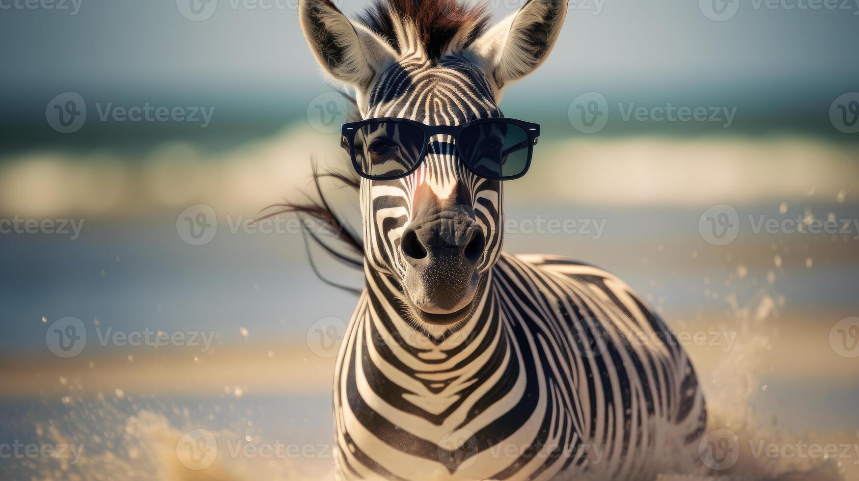 AI generated Experience the intensity of an zebra leaping onto the beach in a stunning close-up photo, Ai Generated. photo